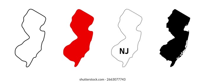 Symbolsatz für die Karte von New Jersey. Zustandskontur, Füllung, gepunktetes NJ-Label-Zeichen und Silhouettensymbol. USA-Nordost-Piktogramm. Trenton Lage und Zustand Form Karte Illustration.