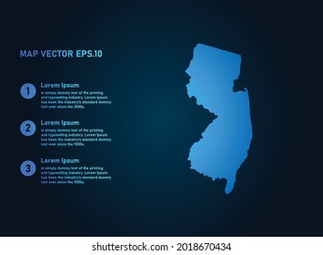 NEW JERSEY map, infographic style , on dark background with Map World. Wire frame 3D mesh , map 3D,