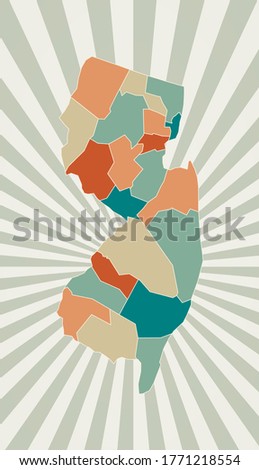 New Jersey map. Poster with map of the US state in retro color palette. Shape of New Jersey with sunburst rays background. Vector illustration.