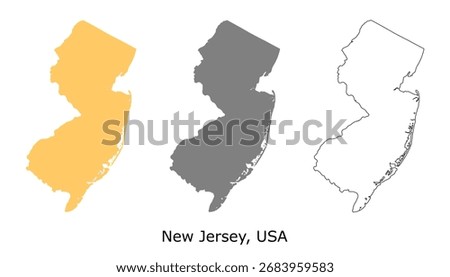 New Jersey map set. New Jersey USA map vector. New Jersey state map on butter, gray, and outline