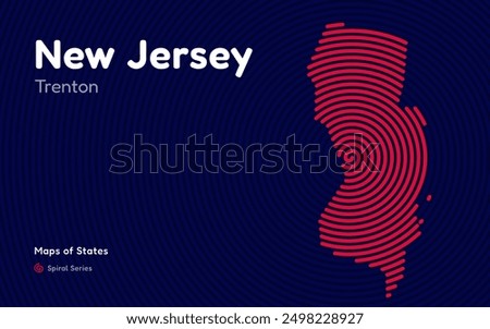 New Jersey Map in Spiral Formation: Trenton Takes Center Stage. Fingerprint and stripes pattern. American states maps.