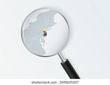 Karte von New Jersey unter Lupe mit National Flag Overlay. Das Bild repräsentiert den geografischen Fokus, die nationale Identität und die Erforschung.