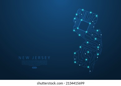 New Jersey Map - United States of America Map vector with Abstract futuristic circuit board. High-tech technology mash line and point scales on dark background - Vector illustration ep 10 