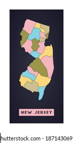 New Jersey map. Us state poster with regions. Shape of New Jersey with us state name. Charming vector illustration..