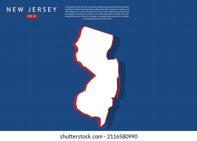 New Jersey Map - USA, United States of America map vector template with isometric style with white and red color including shadow on Blue grid background - Vector illustration eps 10