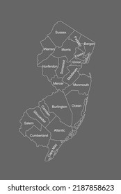New Jersey map vector silhouette illustration isolated on gray background. High detailed. United state of America country. New Jersey line contour map with separated county borders.