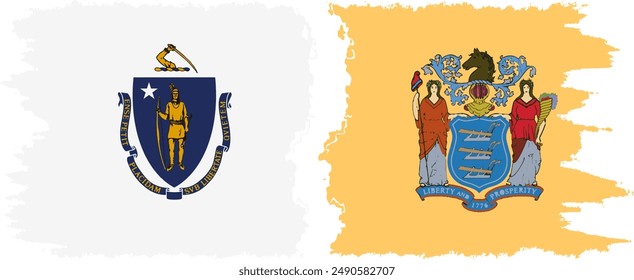 New Jersey and Massachusetts states grunge brush flags connection, vector