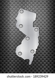 New Jersey metal map on a black metal grid.