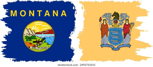 New Jersey and Montana states grunge brush flags connection, vector