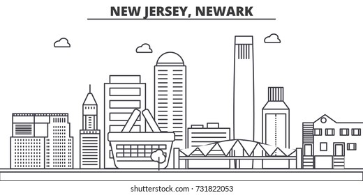 New Jersey, Newark architecture line skyline illustration. Linear vector cityscape with famous landmarks, city sights, design icons. Landscape wtih editable strokes