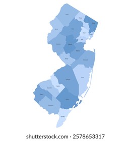 New Jersey, NJ - detailed political map of US state. Administrative map divided into counties. Blue map with county name labels. Vector illustration