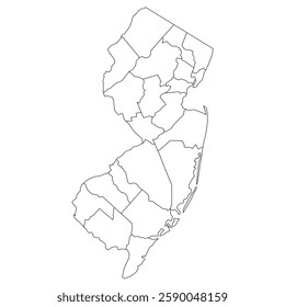 New Jersey, NJ - detailed political map of US state. Administrative map divided into counties. Thin blank black outline map. Vector illustration