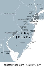 New Jersey, NJ, gray political map with capital Trenton. State in the Mid-Atlantic region of the Northeastern United States of America. The Garden State. Illustration on white background. Vector.