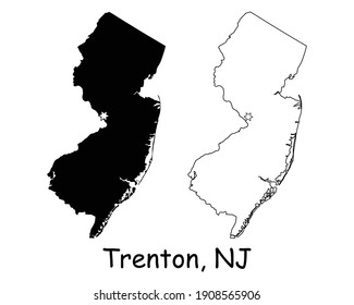 New Jersey NJ State Map USA With Capital City Star At Trenton. Black Silhouette And Outline Isolated On A White Background. EPS Vector