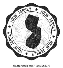 New Jersey outdoor stamp. Round sticker with map of US state with topographic isolines. Vector illustration. Can be used as insignia, logotype, label, sticker or badge of New Jersey.
