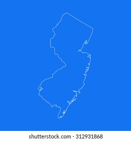 New Jersey outline map, stroke. Line style. White and blue. Vector EPS8