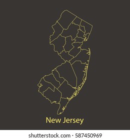 New Jersey outline,stroke of map with administrative division. Vector illustration
