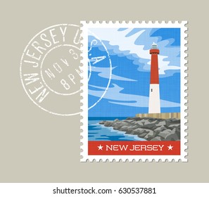 New Jersey  postage stamp design. Vector illustration of historic lighthouse on the Atlantic coast. Grunge postmark on separate layer.