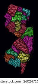 New Jersey Regions Word Clouds. Bright typographic style design on dark background. New Jersey region names tag clouds. Boundary shape. Modern vector illustration.