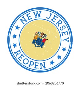 New Jersey Reopening Stamp. Round badge of US State with flag of New Jersey. Reopening after lock-down sign. Vector illustration.