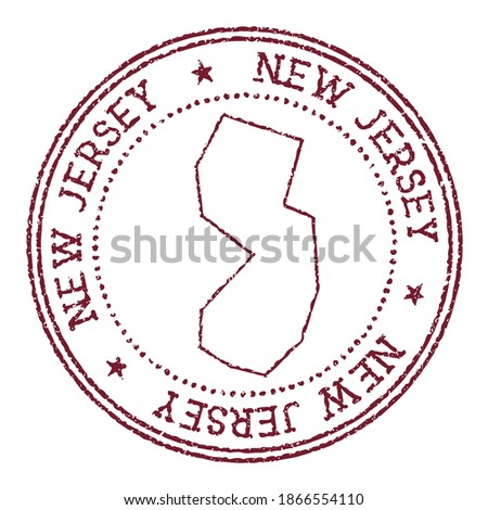 New Jersey round rubber stamp with US state map. Vintage red passport stamp with circular text and stars, vector illustration.