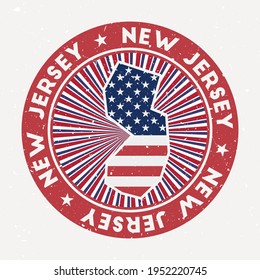 New Jersey round stamp. Logo of US state with flag. Vintage badge with circular text and stars, vector illustration.