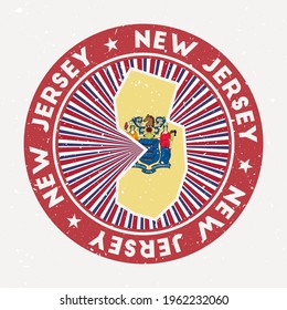 New Jersey round stamp. Logo of US state with state flag. Vintage badge with circular text and stars, vector illustration.