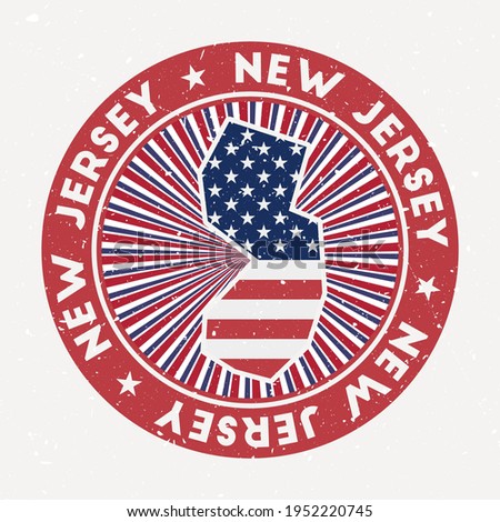 New Jersey round stamp. Logo of US state with flag. Vintage badge with circular text and stars, vector illustration.