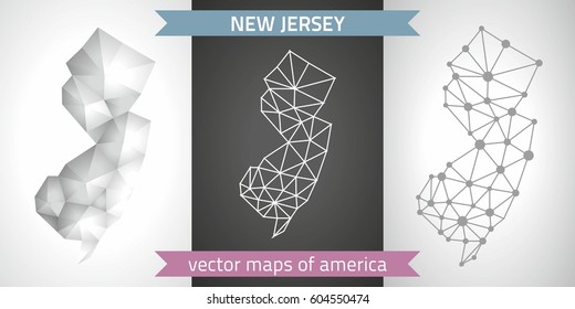 New Jersey set of grey and silver mosaic 3d polygonal maps.  Graphic vector triangle geometry outline shadow perspective maps