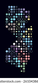 New Jersey, shape of the state built of colored cells. Digital style map of New Jersey on a dark background. Large size circle blocks. Abstract vector illustration.