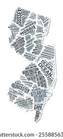 New Jersey shape text cloud. State border with shadow on white background. New Jersey with counties division in vintage gazette style. Beautiful vector illustration.