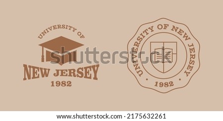 New Jersey slogan typography graphics for t-shirt. University print and logo for apparel. T-shirt design with shield and graduate hat. Vector illustration.