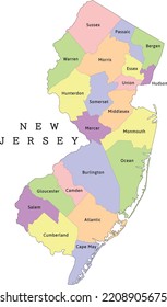 New Jersey state administrative map with counties. Clored. Vectored. Yellow, green, blue, pink, violet