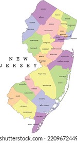 New Jersey state administrative map with counties and seats. Clored. Vectored. Yellow, green, blue, pink, violet