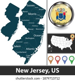 New Jersey state with counties and location on American map. Vector image