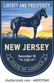 New Jersey state emblem, horse, sunrise on a blue background