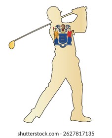 Uma silhueta de golfista do estado de Nova Jersey tomando seu balanço isolado no branco com a bandeira do estado inserida