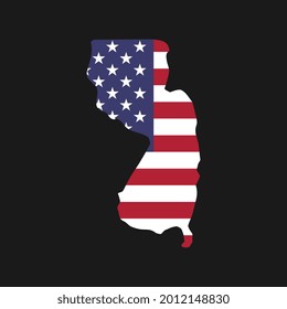 New Jersey state map with American national flag on black background