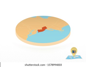 New Jersey state map designed in isometric style, orange circle map of US state New Jersey for web, infographic and more.