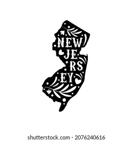 New Jersey state map with doodle decorative ornaments. For printing on souvenirs and T-shirts