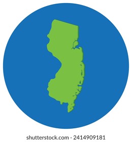 Mapa del estado de Nueva Jersey en forma de globo verde con color de círculo redondo azul. Mapa del estado de Nueva Jersey en Estados Unidos.