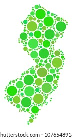New Jersey State Map mosaic of random filled circles in various sizes and ecological green shades. Vector round elements are grouped into new jersey state map mosaic.