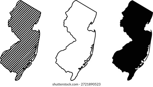 Esquema y siluetas del Nuevo mapa del estado de Jersey en varios estilos para conceptos geográficos o de viaje