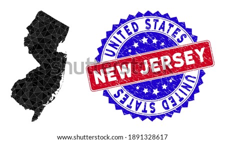 New Jersey State map polygonal mesh with filled triangles, and grunge bicolor stamp seal. Triangle mosaic New Jersey State map with mesh vector model, triangles have various sizes, and positions,