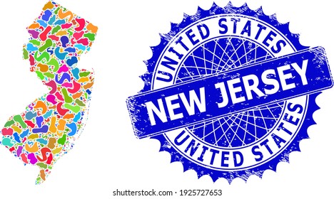 New Jersey State map template. Splash mosaic map and rubber seal for New Jersey State. Sharp rosette blue stamp seal with text for New Jersey State map.