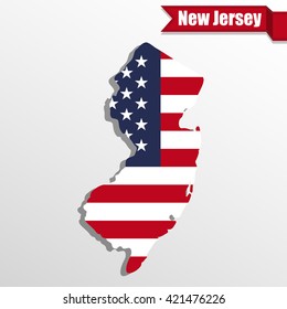 New  Jersey State map with US flag inside and ribbon