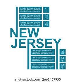 Nuevo nombre del estado de Jersey. Concepto de seis características u opción de proyecto a seleccionar. Ilustración infográfica mínima para visualización de información de negocios y viajes.