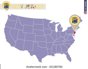 New Jersey State on USA Map. New Jersey flag and map. US States.