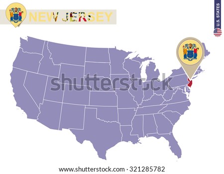New Jersey State on USA Map. New Jersey flag and map. US States.