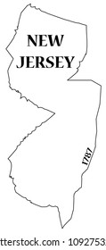 A New Jersey state outline with the date of statehood isolated on a white background 